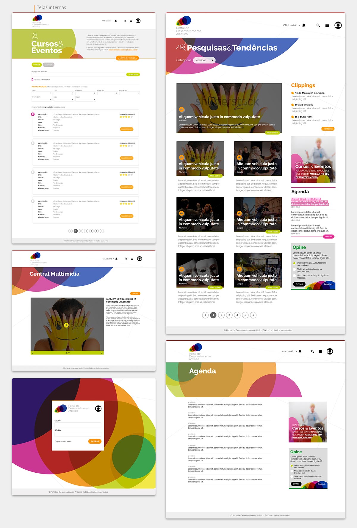 Layout das telas do Portal de Desenvolvimento Artísitico Globo