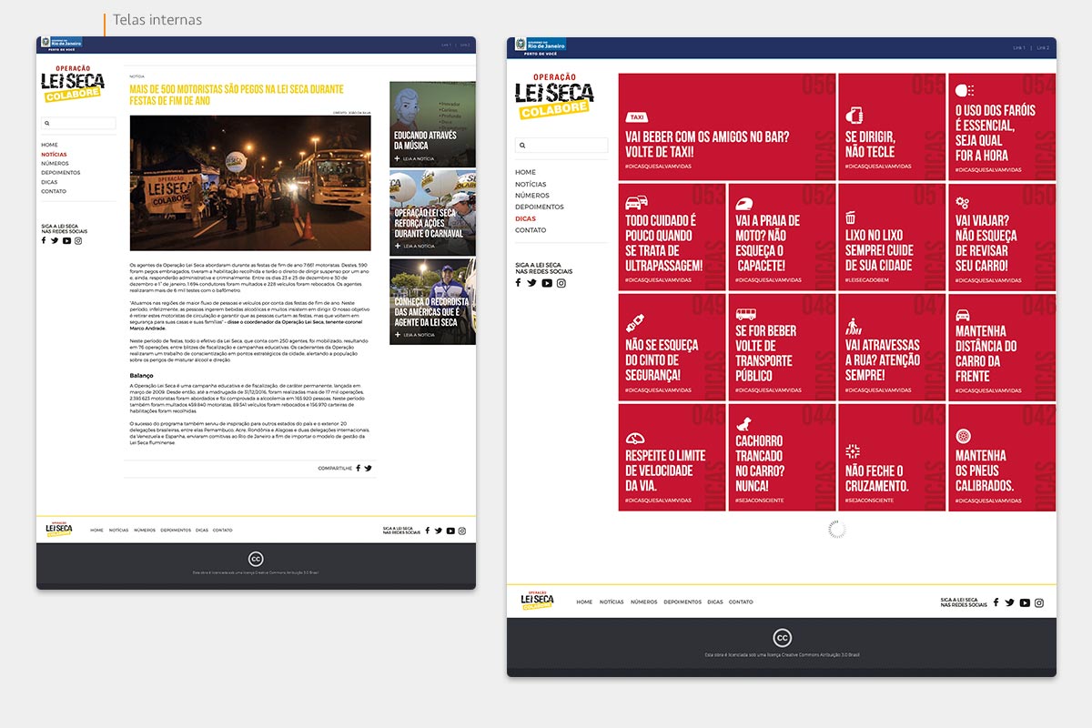 Layout das telas de Operação Lei Seca RJ