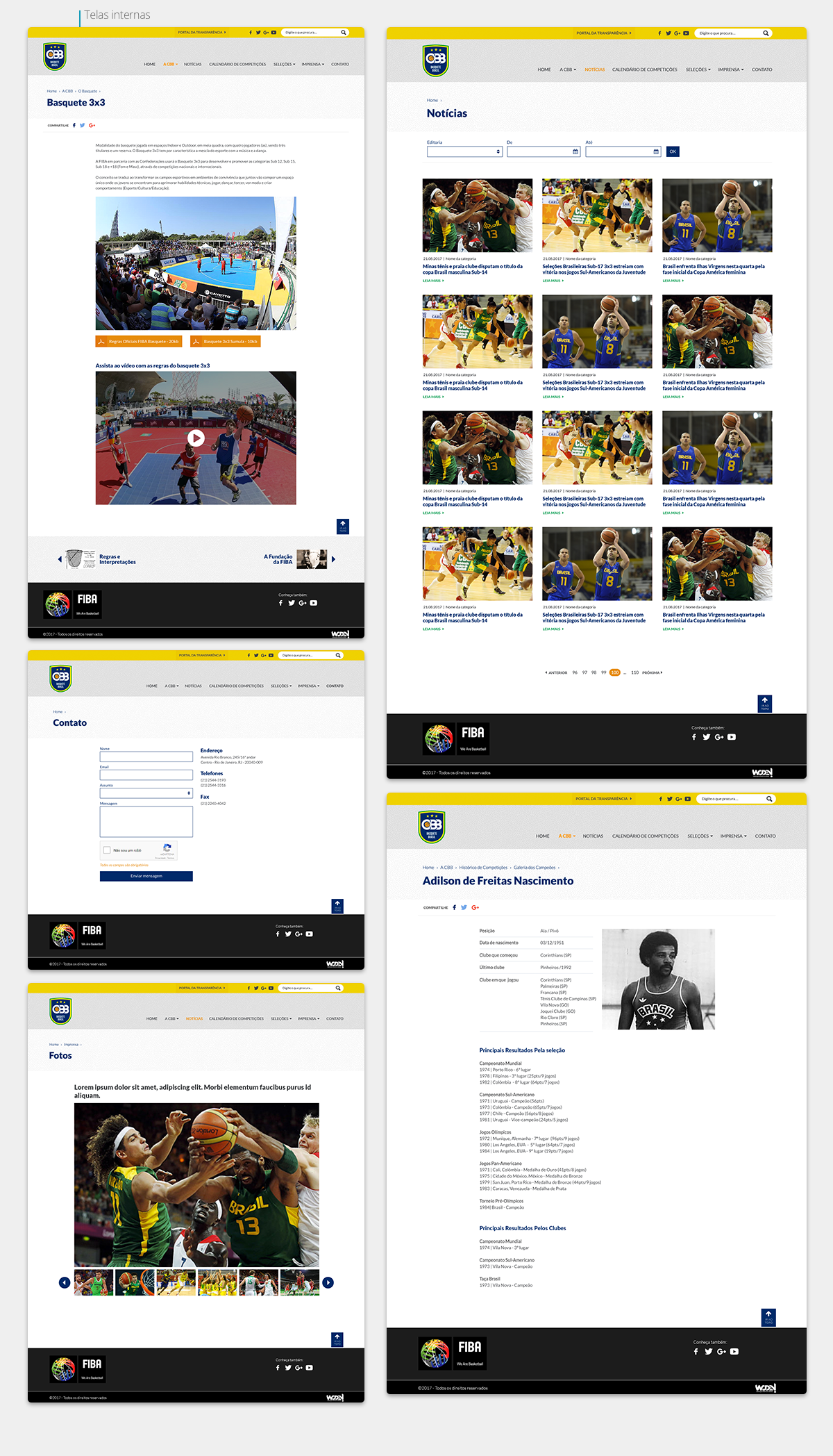 Layout das telas da Confederação Brasileira de Basquete - CBB