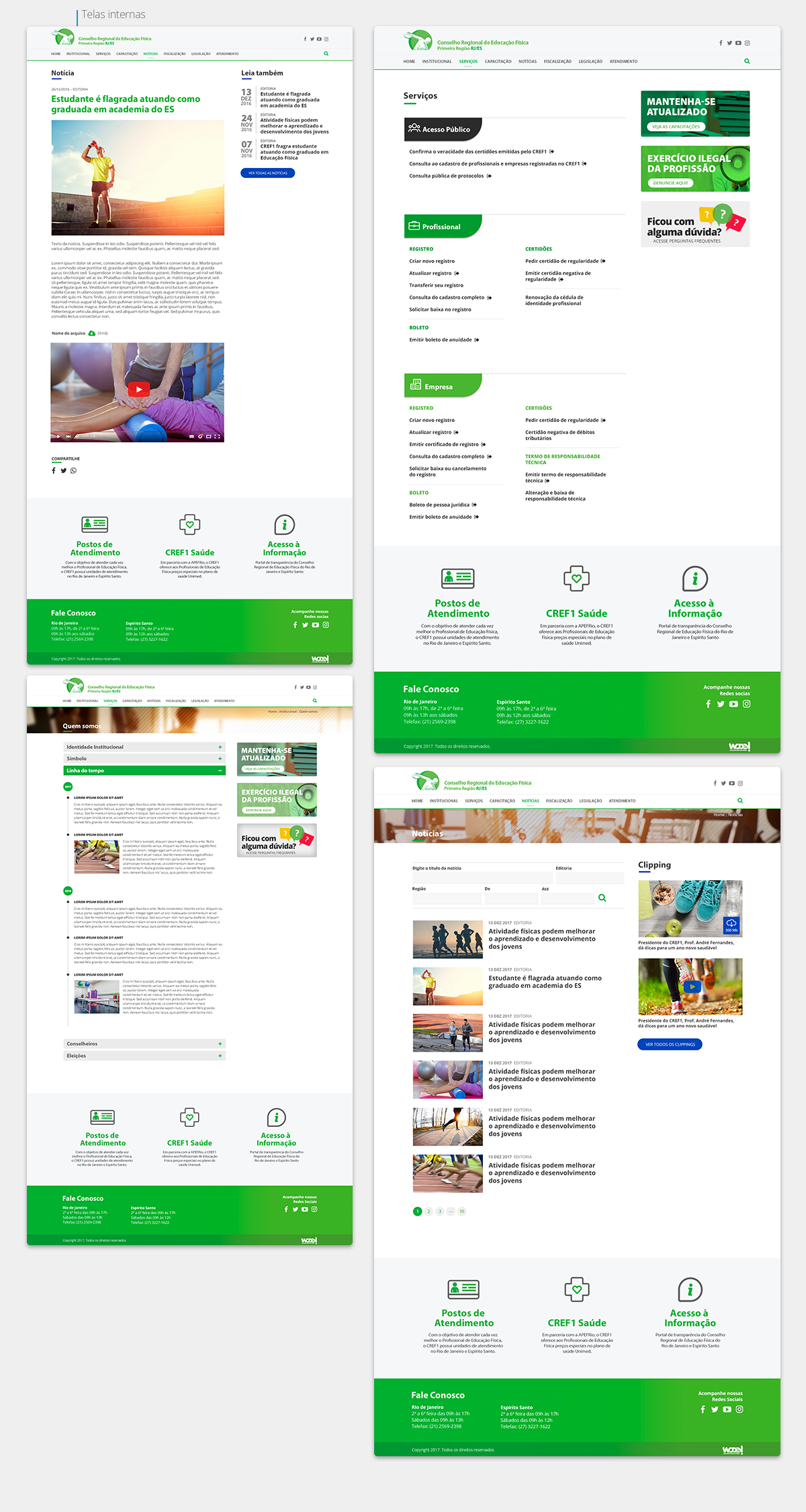 Layout das telas do Conselho Regional de Educação Física CREF1