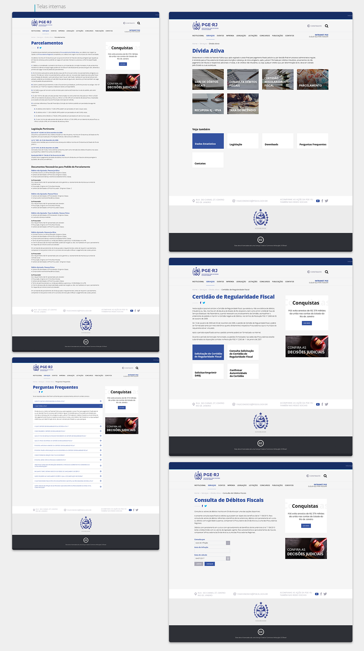 Layout das telas da Procuradoria Geral do Estado do Rio de Janeiro (PGE-RJ)