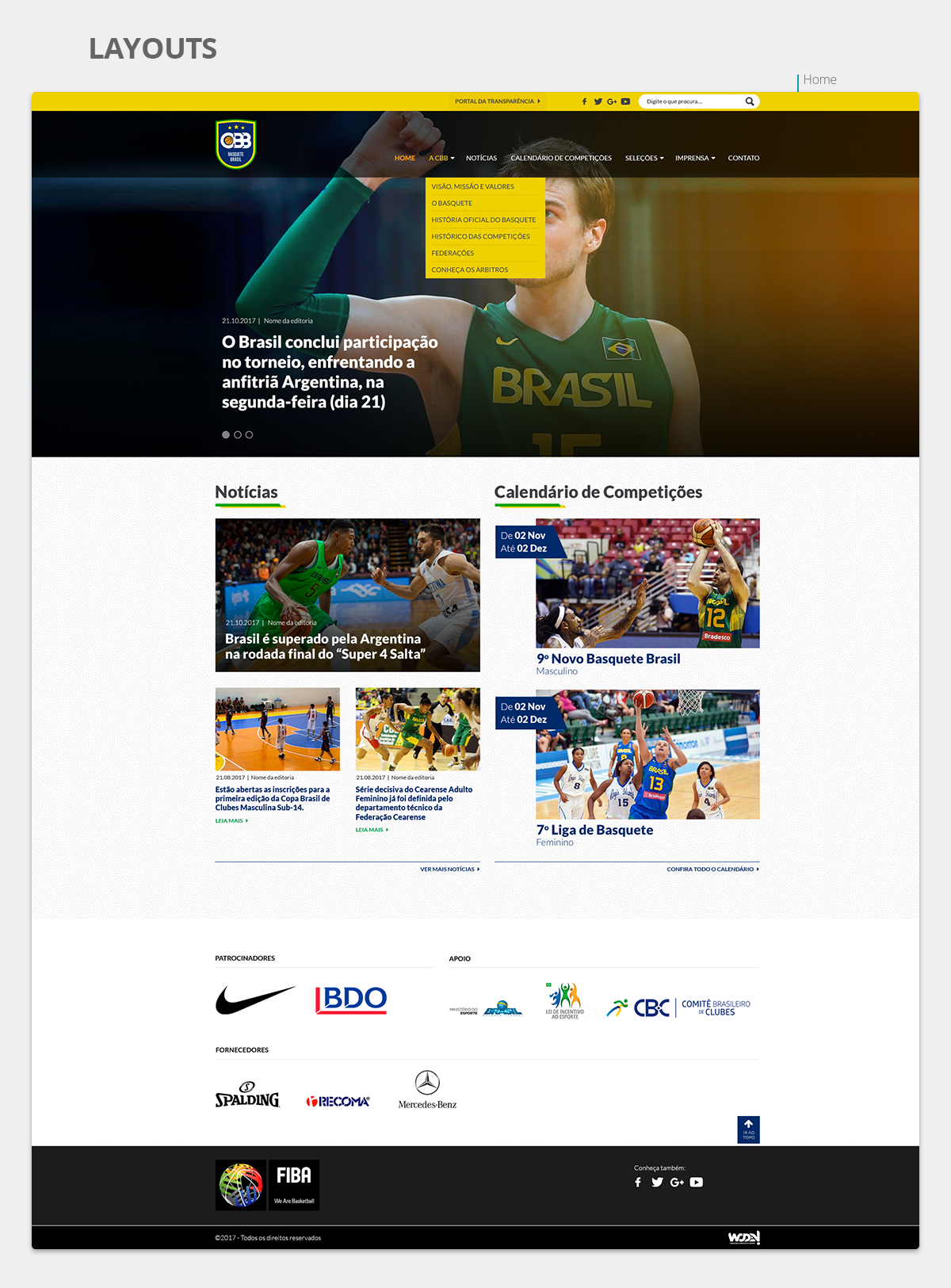 Layout da Home da Confederação Brasileira de Basquete - CBB